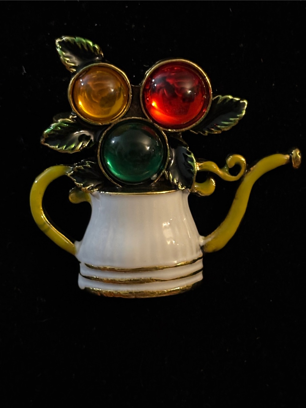 Vintage-Inspired Floral Teapot Brooch in Red, Green & Amber